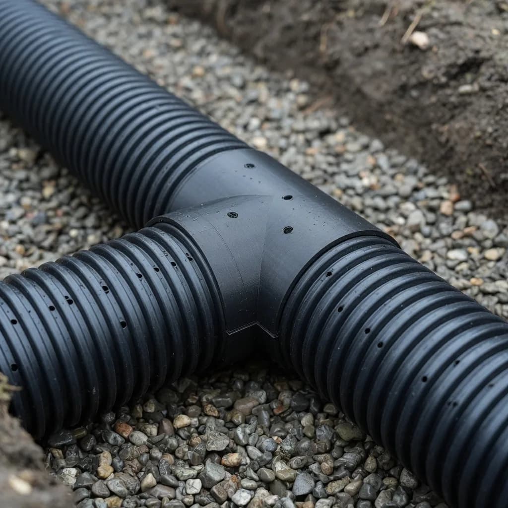 black 3D-printed land drain fitting joining corrugated perforated pipes in a gravel trench