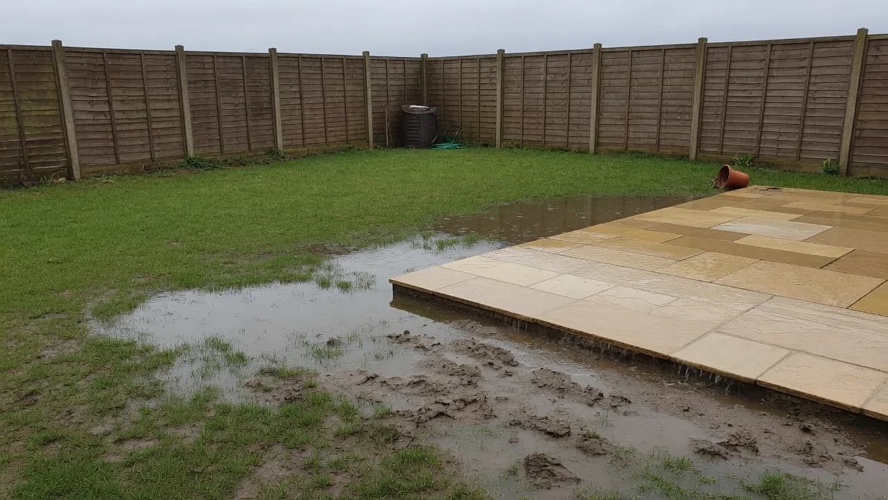 rain shedding off a new UK patio onto a waterlogged lawn