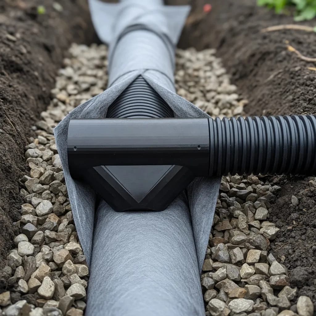 black 3D-printed in-line silt trap with triangular hopper on corrugated land drain in a gravel trench