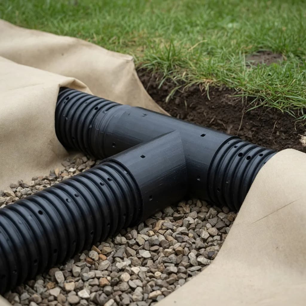 Black 3D-printed Y fitting joining corrugated land drain pipe in a gravel trench lined with geotextile