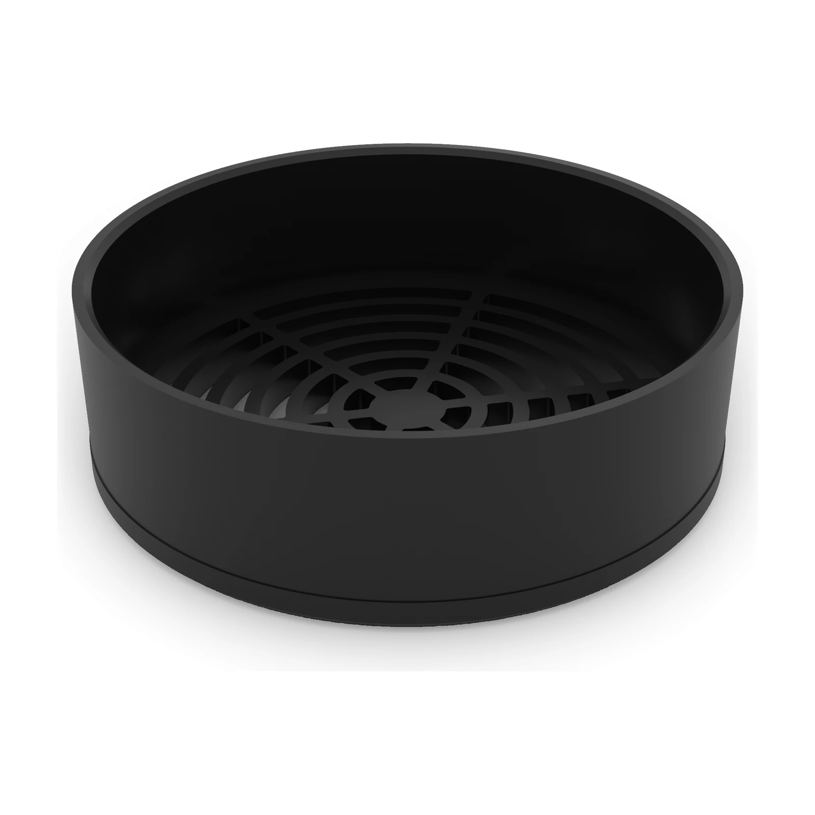 Black over-pipe 110mm grid end cap, angled view showing the six-ring grid inside
