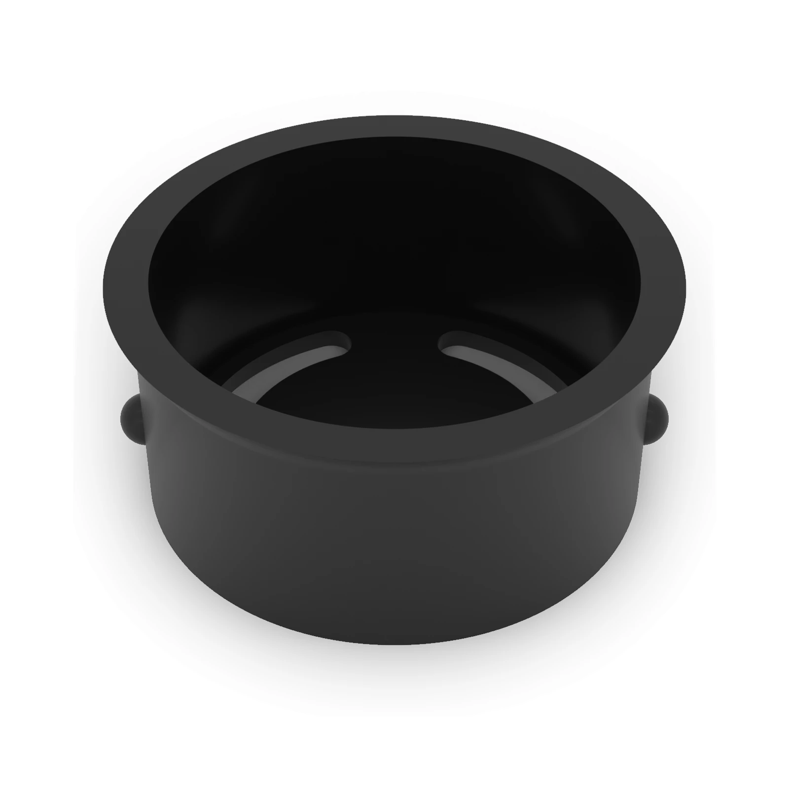 Black PETG grid plug (end cap) for 50mm land drain pipe, cup shape with a slotted floor