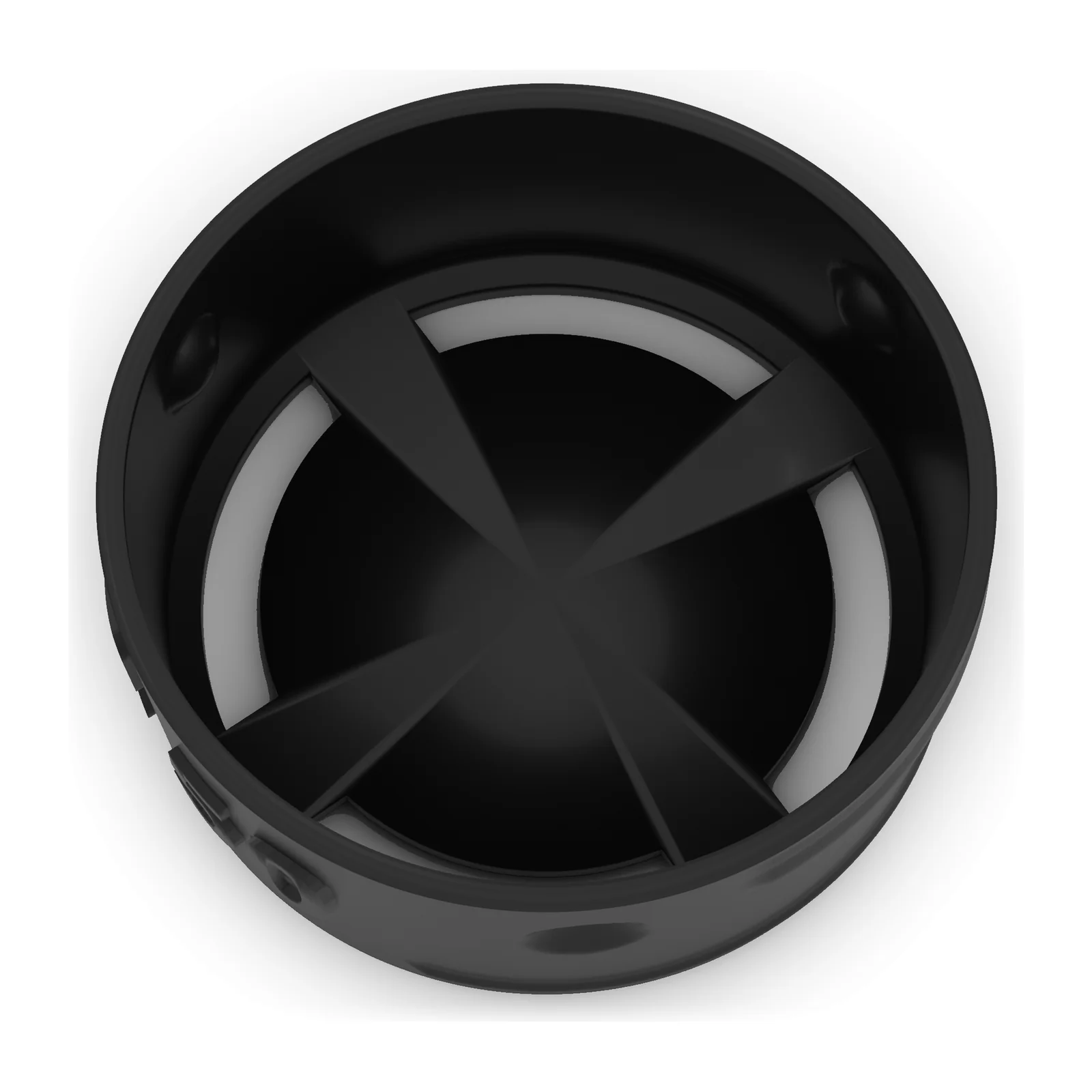 Black grid over-pipe end cap for 50mm land drain, looking into the socket at its slotted grid floor
