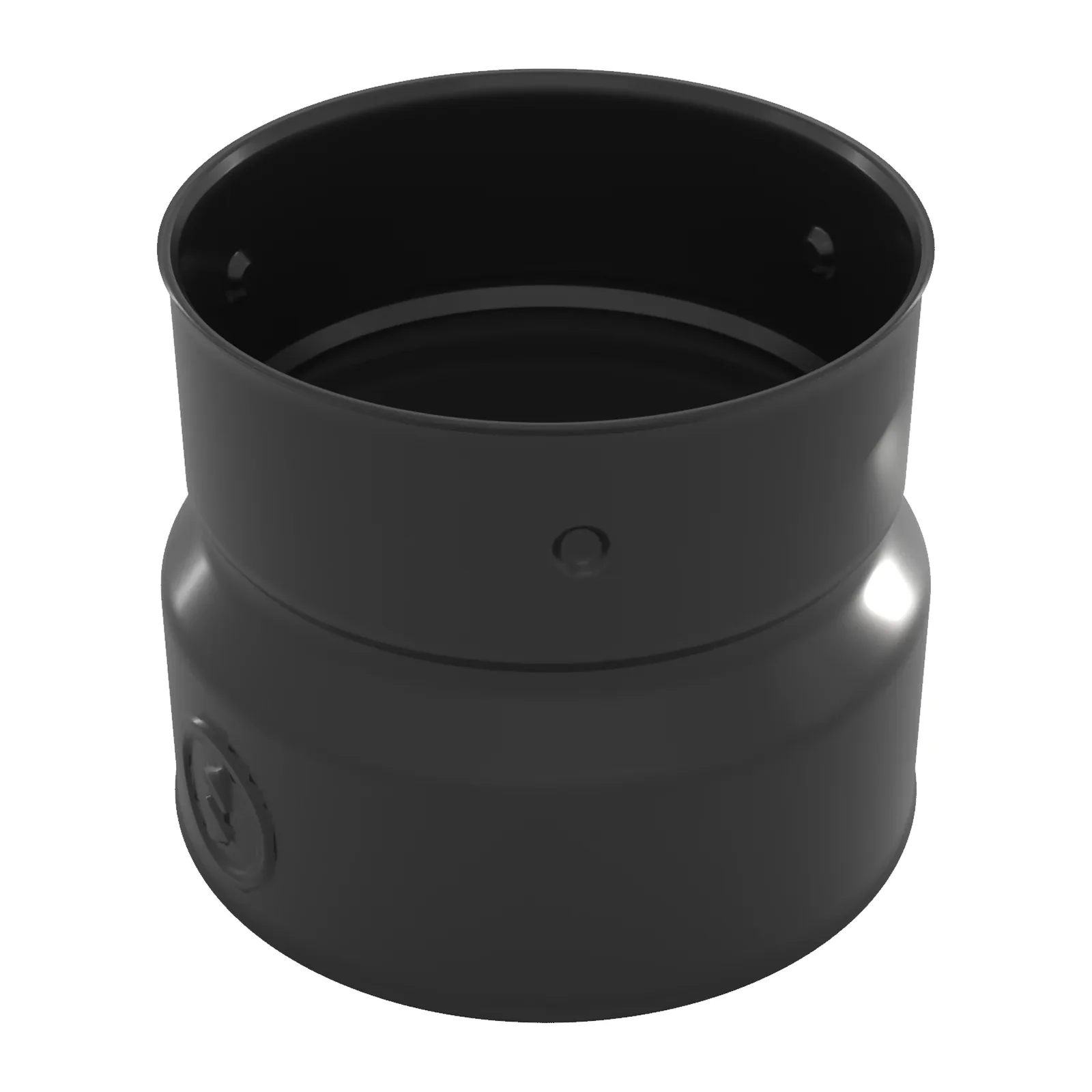 Black 110 mm to 100 mm over-pipe land drain reducer shown on its own